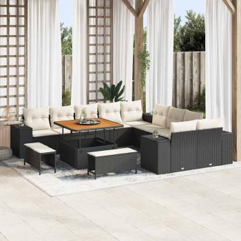 ARDEBO.de - 13-teilige Garten Sofa Set mit Kissen Schwarz Poly Rattan Akazie, 3-teiliges Garten Essset mit Kissen Schwarz Poly Rattan Akazie