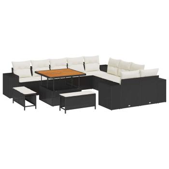 13-teilige Garten Sofa Set mit Kissen Schwarz Poly Rattan Akazie, 3-teiliges Garten Essset mit Kissen Schwarz Poly Rattan Akazie