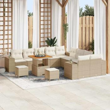 ARDEBO.de - 13-teiliges Garten Sofa Set mit Kissen Beige Poly Rattan Akazie, 3-teiliges Garten Esszimmer Set mit Kissen Beige Poly Rattan Akazie