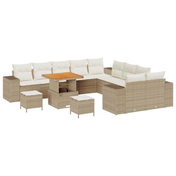 13-teiliges Garten Sofa Set mit Kissen Beige Poly Rattan Akazie, 3-teiliges Garten Esszimmer Set mit Kissen Beige Poly Rattan Akazie