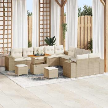 ARDEBO.de - 13-teiliges Garten-Sofa-Set mit Kissen Beige Poly Rattan Akazie, 3-teiliges Garten-Ess-Set mit Kissen Beige Poly Rattan Akazie