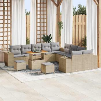 ARDEBO.de - 13-teiliges Garten-Sofa-Set mit Kissen Beige Poly-Rattan Akazie, 3-teiliges Garten-Essensemble mit Kissen Beige Poly-Rattan Akazie