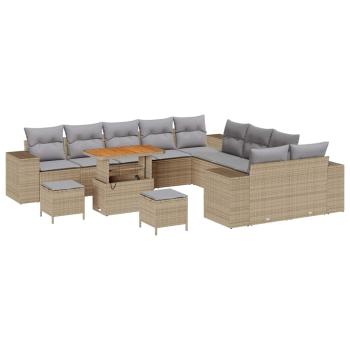 13-teiliges Garten-Sofa-Set mit Kissen Beige Poly-Rattan Akazie, 3-teiliges Garten-Essensemble mit Kissen Beige Poly-Rattan Akazie