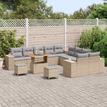 13-teiliges Garten-Sofa-Set mit Kissen Beige Poly-Rattan Akazie, 3-teiliges Garten-Essensemble mit Kissen Beige Poly-Rattan Akazie