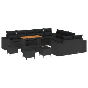 ARDEBO.de - 14-teiliges Garten Sofa Set mit Kissen Schwarz Poly Rattan Akazie, 4-teiliges Garten Esszimmer Set mit Kissen Schwarz Poly Rattan Akazie