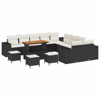 ARDEBO.de - 14-teiliges Garten Sofa Set mit Kissen Schwarz Poly Rattan Akazie, 4-teiliges Garten Esstisch Set mit Kissen Schwarz Poly Rattan Akazie