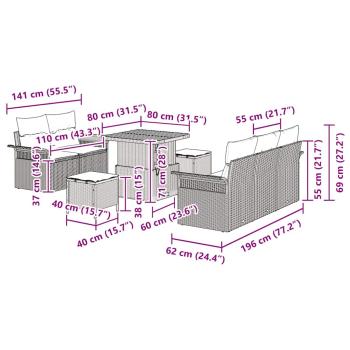 8-teiliges Garten Sofa Set mit Kissen Grau Poly Rattan Akazie, 2-Sitzer Garten Sofa mit Kissen Grau Poly Rattan, 3-teiliges Garten Ess-Set mit Kissen Grau Poly Rattan Akazie