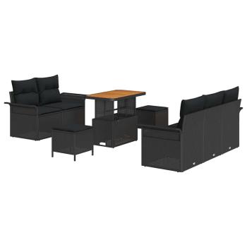 8-teiliges Garten Sofa Set mit Kissen Schwarz Poly Rattan Akazie, 2-Sitzer Garten Sofa mit Kissen Schwarz Poly Rattan, 3-teiliges Garten Essset mit Kissen Schwarz Poly Rattan Akazie