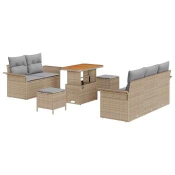 8-teiliges Garten-Sofa-Set mit Kissen Beige Poly Rattan Akazie, 2-Sitzer Garten-Sofa mit Kissen Beige Poly Rattan, 3-teilige Garten-Essgruppe mit Kissen Beige Poly Rattan Akazie