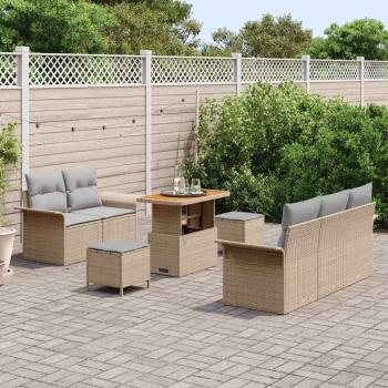 8-teiliges Garten-Sofa-Set mit Kissen Beige Poly Rattan Akazie, 2-Sitzer Garten-Sofa mit Kissen Beige Poly Rattan, 3-teilige Garten-Essgruppe mit Kissen Beige Poly Rattan Akazie