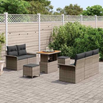 8-teiliges Garten Sofa Set mit Kissen Grau Poly Rattan Akazie, 2-Sitzer Garten Sofa mit Kissen Grau Poly Rattan, 3-teiliges Garten Essset mit Kissen Grau Poly Rattan Akazie