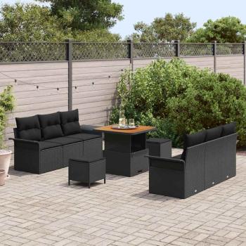 9-teiliges Gartensofa Set mit Kissen in Schwarz - Poly Rattan, 2-Sitzer Gartensofa mit Kissen in Schwarz - Poly Rattan, 3-teiliges Garten-Esszimmer Set mit Kissen in Schwarz - Poly Rattan