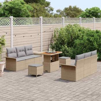 9-teiliges Garten Sofa Set mit Kissen Beige Poly Rattan Akazie, 2-Sitzer Garten Sofa mit Kissen Beige Poly Rattan, 3-teiliges Garten Essenset mit Kissen Beige Poly Rattan Akazie
