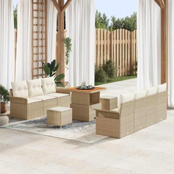 ARDEBO.de - 10 teiliges Garten Sofa Set mit Kissen Beige Poly Rattan Akazie, 2-Sitzer Garten Sofa mit Kissen Beige Poly Rattan, 3 teiliges Garten Ess-Set mit Kissen Beige Poly Rattan Akazie