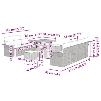 10-teiliges Garten Sofa Set mit Kissen Grau Poly Rattan Akazie, 2-Sitzer Garten Sofa mit Kissen Grau Poly Rattan, 3-teiliges Garten Essset mit Kissen Grau Poly Rattan Akazie