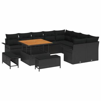 12-teiliges Garten Sofa Set mit Kissen Schwarz Poly Rattan Akazie, 3-teiliges Garten Essset mit Kissen Schwarz Poly Rattan Akazie, 2-Sitzer Garten Sofa mit Kissen Schwarz Poly Rattan