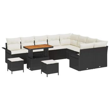 12-teiliges Garten-Sofa-Set mit Kissen, schwarzes Poly-Rattan, Akazie, 3-teiliges Garten-Ess-Set mit Kissen, schwarzes Poly-Rattan, Akazie, 2-Sitzer Garten Sofa mit Kissen, schwarzes Poly-Rattan