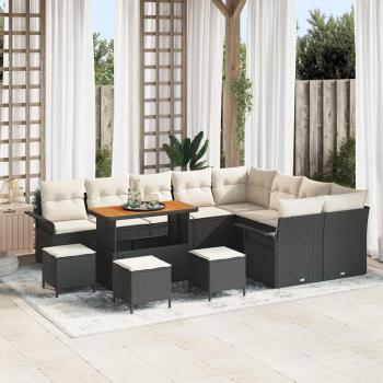 ARDEBO.de - 13-teiliges Garten Sofa Set mit Kissen Schwarz Poly Rattan Akazie, 4-teiliges Garten Ess Set mit Kissen Schwarz Poly Rattan Akazie, 2-Sitzer Garten Sofa mit Kissen Schwarz Poly Rattan