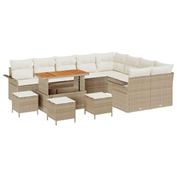 13-teiliges Garten Sofa Set mit Kissen beige Poly Rattan Akazie, 4-teiliges Garten Essset mit Kissen beige Poly Rattan Akazie, 2-Sitzer Garten Sofa mit Kissen beige Poly Rattan