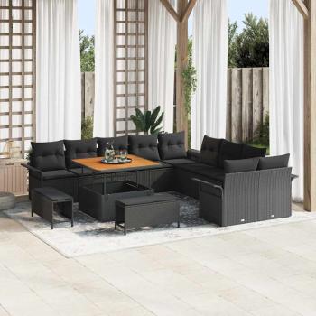 ARDEBO.de - 13-teiliges Garten-Sofa-Set mit Kissen Schwarz Poly-Rattan Akazie, 2-Sitzer Garten-Sofa mit Kissen Schwarz Poly-Rattan, 3-teiliges Garten-Esszimmer-Set mit Kissen Schwarz Poly-Rattan Akazie