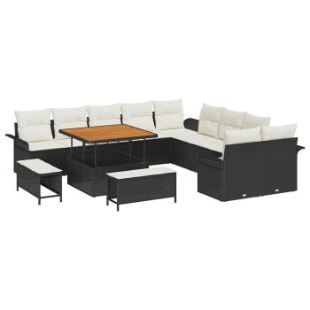 13-teiliges Garten Sofa Set mit Kissen Schwarz Poly Rattan Akazie, 2-Sitzer Garten Sofa mit Kissen Schwarz Poly Rattan, 3-teiliges Garten Essset mit Kissen Schwarz Poly Rattan Akazie