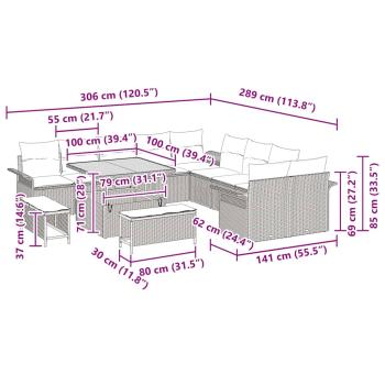 13 teiliges Garten Sofa Set mit Kissen Beige Poly Rattan Akazie, 2-Sitzer Garten Sofa mit Kissen Beige Poly Rattan, 3 teiliges Garten Essset mit Kissen Beige Poly Rattan Akazie
