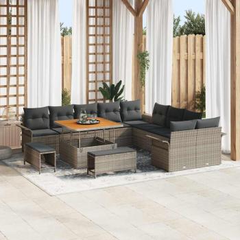 ARDEBO.de - 13-teiliges Garten-Sofa-Set mit Kissen Grau Poly-Rattan Akazie, 2-Sitzer Garten-Sofa mit Kissen Grau Poly-Rattan, 3-teiliges Garten-Ess-Set mit Kissen Grau Poly-Rattan Akazie