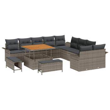 13-teiliges Garten-Sofa-Set mit Kissen Grau Poly-Rattan Akazie, 2-Sitzer Garten-Sofa mit Kissen Grau Poly-Rattan, 3-teiliges Garten-Ess-Set mit Kissen Grau Poly-Rattan Akazie