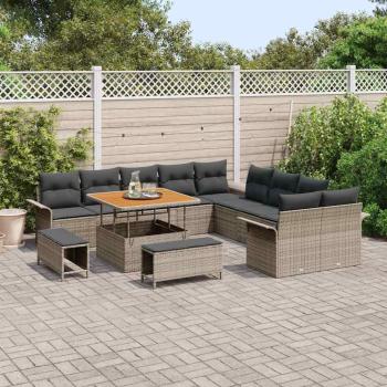 13-teiliges Garten-Sofa-Set mit Kissen Grau Poly-Rattan Akazie, 2-Sitzer Garten-Sofa mit Kissen Grau Poly-Rattan, 3-teiliges Garten-Ess-Set mit Kissen Grau Poly-Rattan Akazie