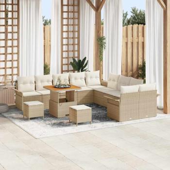 ARDEBO.de - 13-teiliges Garten Sofa Set mit Kissen Beige Poly Rattan Akazie, 2-Sitzer Garten Sofa mit Kissen Beige Poly Rattan, 3-teiliges Garten Esstisch Set mit Kissen Beige Poly Rattan Akazie