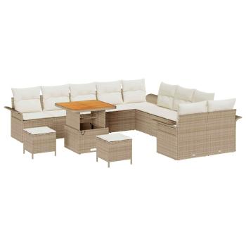 13-teiliges Garten Sofa Set mit Kissen Beige Poly Rattan Akazie, 2-Sitzer Garten Sofa mit Kissen Beige Poly Rattan, 3-teiliges Garten Esstisch Set mit Kissen Beige Poly Rattan Akazie