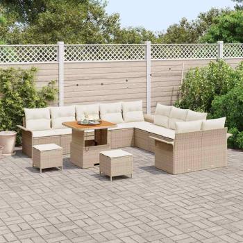 13-teiliges Garten Sofa Set mit Kissen Beige Poly Rattan Akazie, 2-Sitzer Garten Sofa mit Kissen Beige Poly Rattan, 3-teiliges Garten Esstisch Set mit Kissen Beige Poly Rattan Akazie