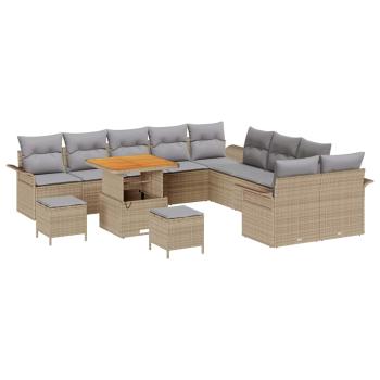 13-teiliges Garten Sofa Set mit Kissen Beige Poly Rattan Akazie, 2-Sitzer Garten Sofa mit Kissen Beige Poly Rattan, 3-teiliges Garten Esstischset mit Kissen Beige Poly Rattan Akazie