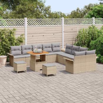 13-teiliges Garten Sofa Set mit Kissen Beige Poly Rattan Akazie, 2-Sitzer Garten Sofa mit Kissen Beige Poly Rattan, 3-teiliges Garten Esstischset mit Kissen Beige Poly Rattan Akazie