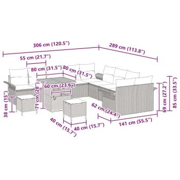 13-teiliges Garten Sofa Set mit Kissen Grau Poly Rattan Akazie, 2-Sitzer Garten Sofa mit Kissen Grau Poly Rattan, 3-teiliges Garten Esstisch Set mit Kissen Grau Poly Rattan Akazie