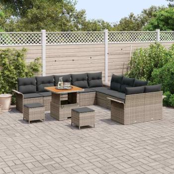 13-teiliges Garten Sofa Set mit Kissen Grau Poly Rattan Akazie, 2-Sitzer Garten Sofa mit Kissen Grau Poly Rattan, 3-teiliges Garten Esstisch Set mit Kissen Grau Poly Rattan Akazie