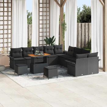 ARDEBO.de - 13-teiliges Garten Sofa Set mit Kissen Schwarz Poly Rattan Akazie, 2-Sitzer Garten Sofa mit Kissen Schwarz Poly Rattan, 3-teiliges Garten Esstisch Set mit Kissen Schwarz Poly Rattan Akazie