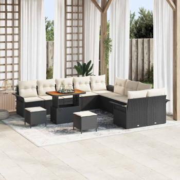 ARDEBO.de - 13-teiliges Garten Sofa Set mit Kissen Schwarz Polyrattan Akazie, 2-Sitzer Garten Sofa mit Kissen Schwarz Polyrattan, 3-teiliges Garten Essset mit Kissen Schwarz Polyrattan Akazie