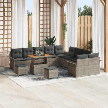 ARDEBO.de - 13-teiliges Garten-Sofa-Set mit Kissen Grau Poly-Rattan Akazie, 2-Sitzer Garten-Sofa mit Kissen Grau Poly-Rattan, 3-teiliges Garten-Dining-Set mit Kissen Grau Poly-Rattan Akazie