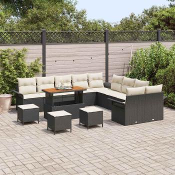 14-teiliges Garten Sofa Set mit Kissen Schwarz Poly Rattan Akazie, 2-Sitzer Garten Sofa mit Kissen Schwarz Poly Rattan, 4-teiliges Garten Essset mit Kissen Schwarz Poly Rattan Akazie