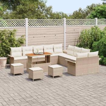14-teiliges Garten Sofa Set mit Kissen Beige Poly Rattan Akazie, 2-Sitzer Garten Sofa mit Kissen Beige Poly Rattan, 4-teiliges Garten Essset mit Kissen Beige Poly Rattan Akazie