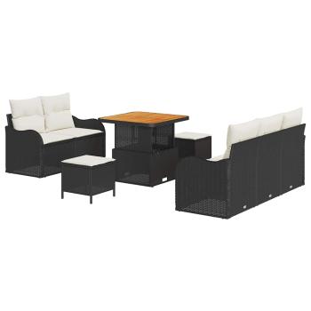 8-Teiliges Garten Sofa Set mit Kissen Schwarz Poly Rattan Akazie, 2-Sitzer Garten Sofa mit Kissen Schwarz Poly Rattan, 3-teilige Garten Essgruppe mit Kissen Schwarz Poly Rattan Akazie