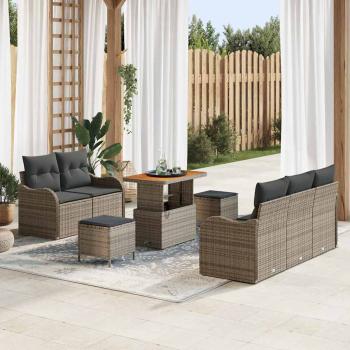 ARDEBO.de - 8-teilige Garten-Sofa-Garnitur mit Kissen Grau Poly Rattan Akazie, 2-Sitzer Garten-Sofa mit Kissen Grau Poly Rattan, 3-teilige Garten-Essgruppe mit Kissen Grau Poly Rattan Akazie