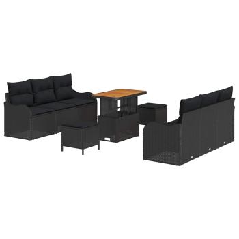 9-teiliges Garten Sofa Set mit Kissen Schwarz Poly-Rattan Akazie, 2-Sitzer Garten Sofa mit Kissen Schwarz Poly-Rattan, 3-teiliges Garten Esstisch Set mit Kissen Schwarz Poly-Rattan Akazie