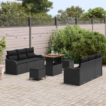 9-teiliges Garten Sofa Set mit Kissen Schwarz Poly-Rattan Akazie, 2-Sitzer Garten Sofa mit Kissen Schwarz Poly-Rattan, 3-teiliges Garten Esstisch Set mit Kissen Schwarz Poly-Rattan Akazie