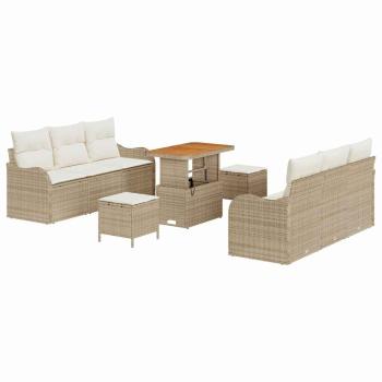 9-teiliges Garten-Sofa-Set mit Kissen Beige Poly Rattan Akazie, 2-Sitzer Garten-Sofa mit Kissen Beige Poly Rattan, 3-teiliges Garten-Esszimmer-Set mit Kissen Beige Poly Rattan Akazie