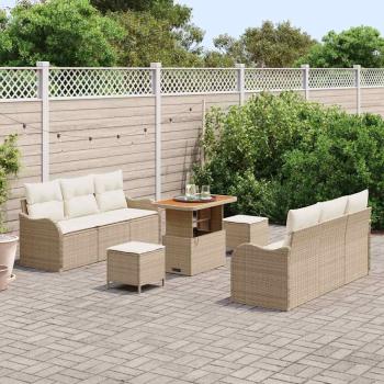 9-teiliges Garten-Sofa-Set mit Kissen Beige Poly Rattan Akazie, 2-Sitzer Garten-Sofa mit Kissen Beige Poly Rattan, 3-teiliges Garten-Esszimmer-Set mit Kissen Beige Poly Rattan Akazie