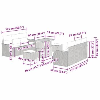 9-teilige Garten Sofa Set mit Kissen Grau Poly Rattan Akazie, 2-Sitzer Garten Sofa mit Kissen Grau Poly Rattan, 3-teiliges Garten Esstisch Set mit Kissen Grau Poly Rattan Akazie
