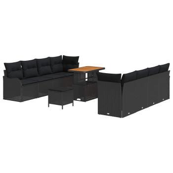 11-teiliges Garten Sofa Set mit Kissen Schwarz Poly Rattan Akazie, 2-Sitzer Garten Sofa mit Kissen Schwarz Poly Rattan, 3-teiliges Garten Esszimmer Set mit Kissen Schwarz Poly Rattan Akazie