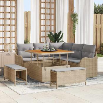 ARDEBO.de - 8-teiliges Garten-Sofa Set mit Kissen Beige Poly-Rattan Akazie, 2-Sitzer Garten-Sofa mit Kissen Beige Poly-Rattan, 3-teiliges Garten-Esszimmer-Set mit Kissen Beige Poly-Rattan Akazie
